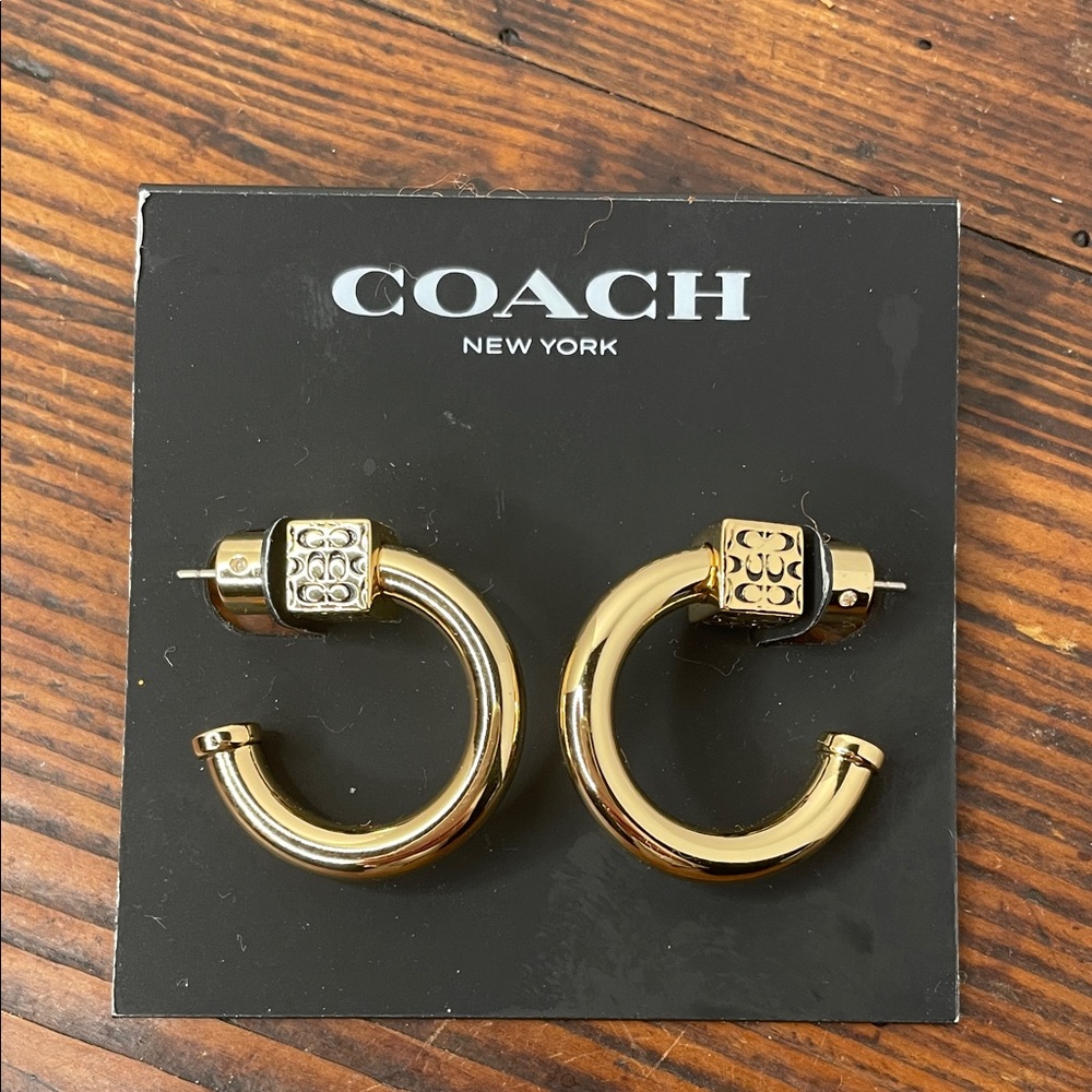 Coach quilted cube chubby gold tone hoop earrings NWT